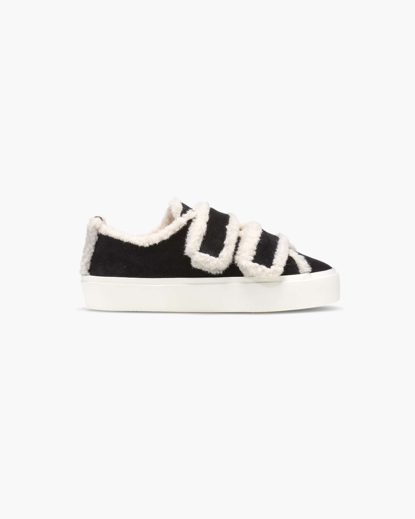 Sorte Inuikii sneakers med shearling-detaljer, velcrolukning og hvid gummisål.