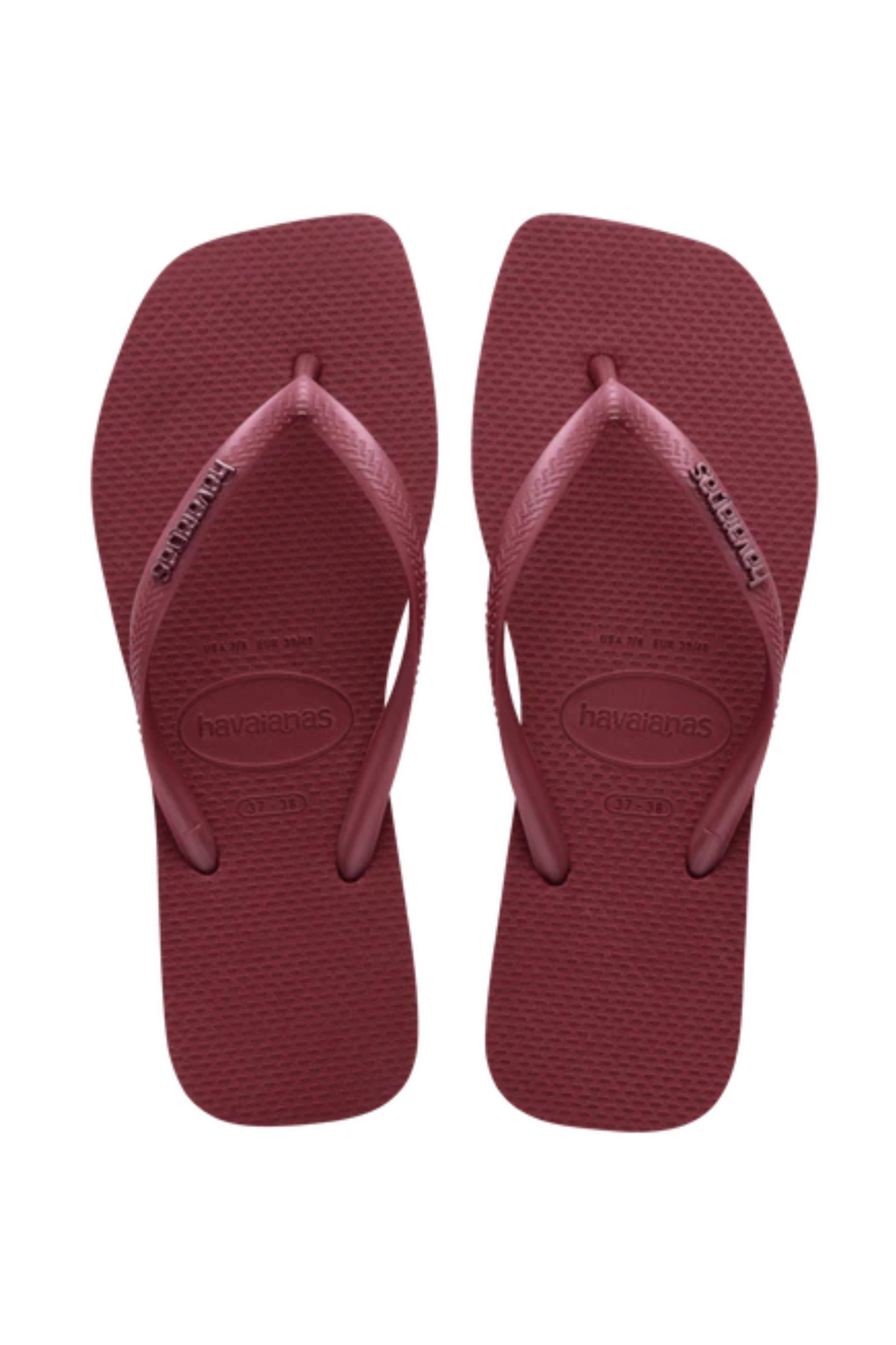 Maroon Havaianas klipklapper med firkantet tå og metallic logo på stropperne.