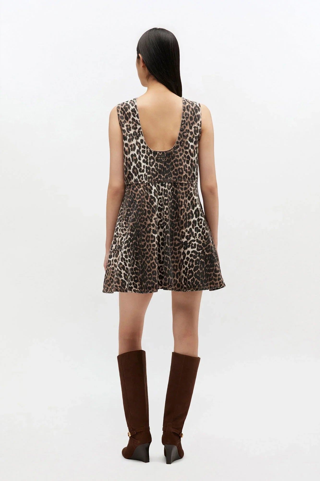 Ganni - Kjole - Almond Milk - Denim Flounce Leopard kjole