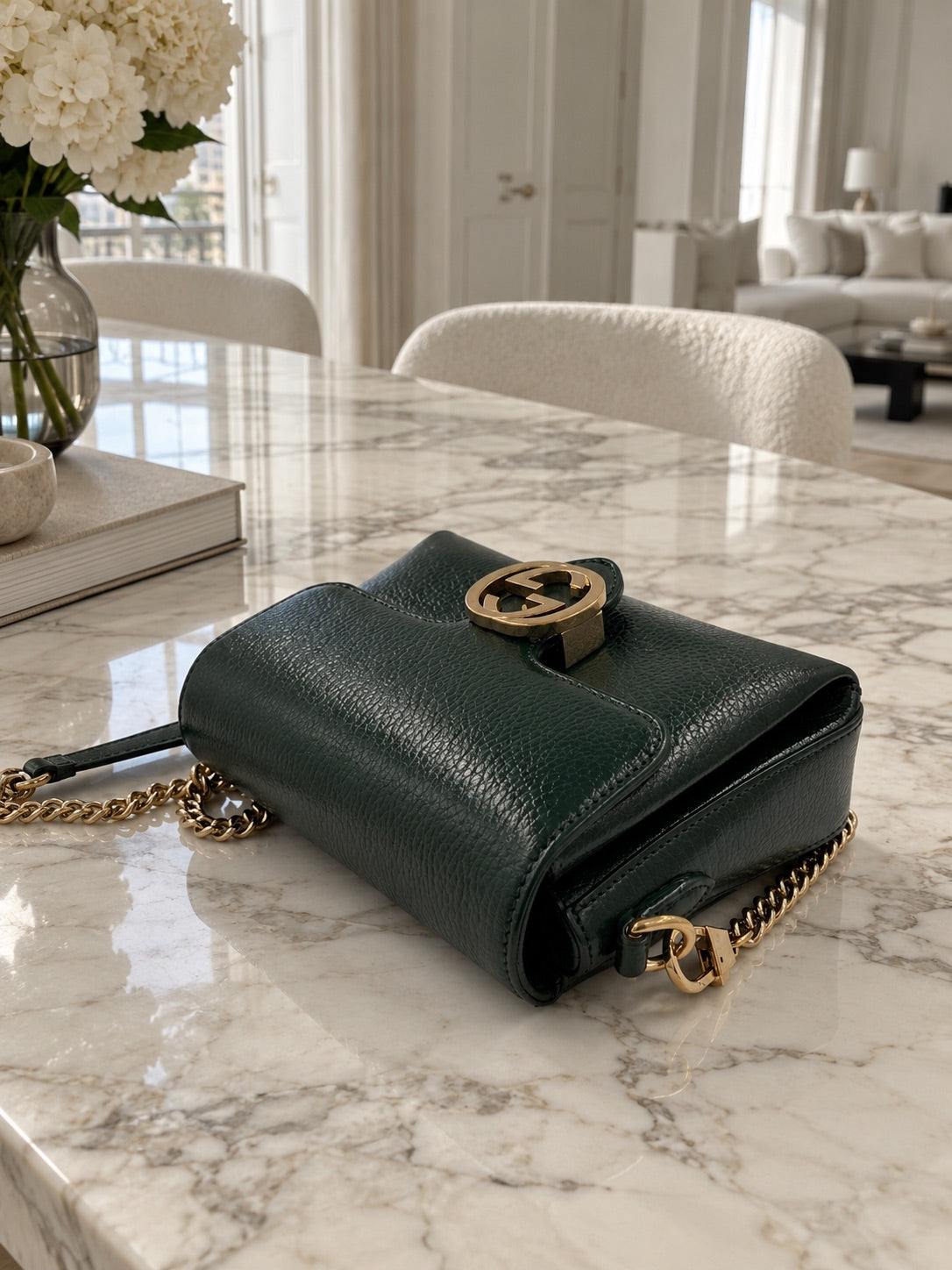 Gucci - Interlocking G Leather Shoulder Bag - mørkegrøn skuldertaske - secondhand