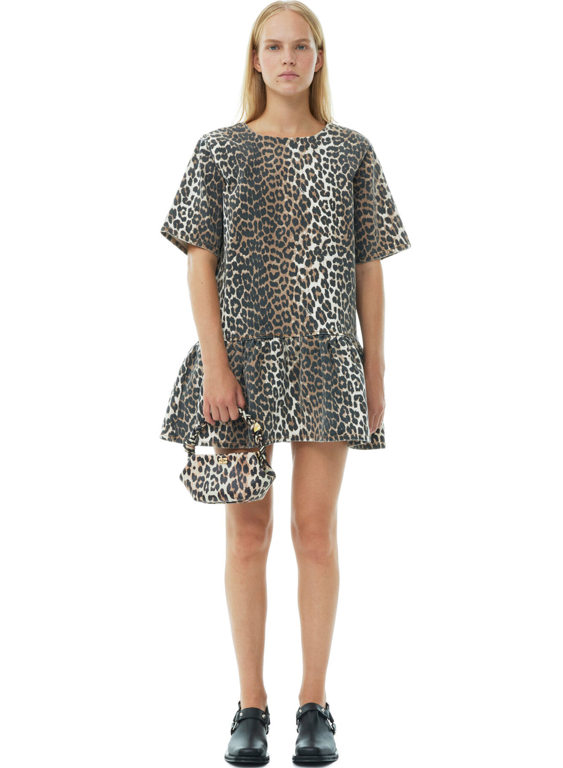 Ganni Print Denim Open-back Mini Dress Leopard