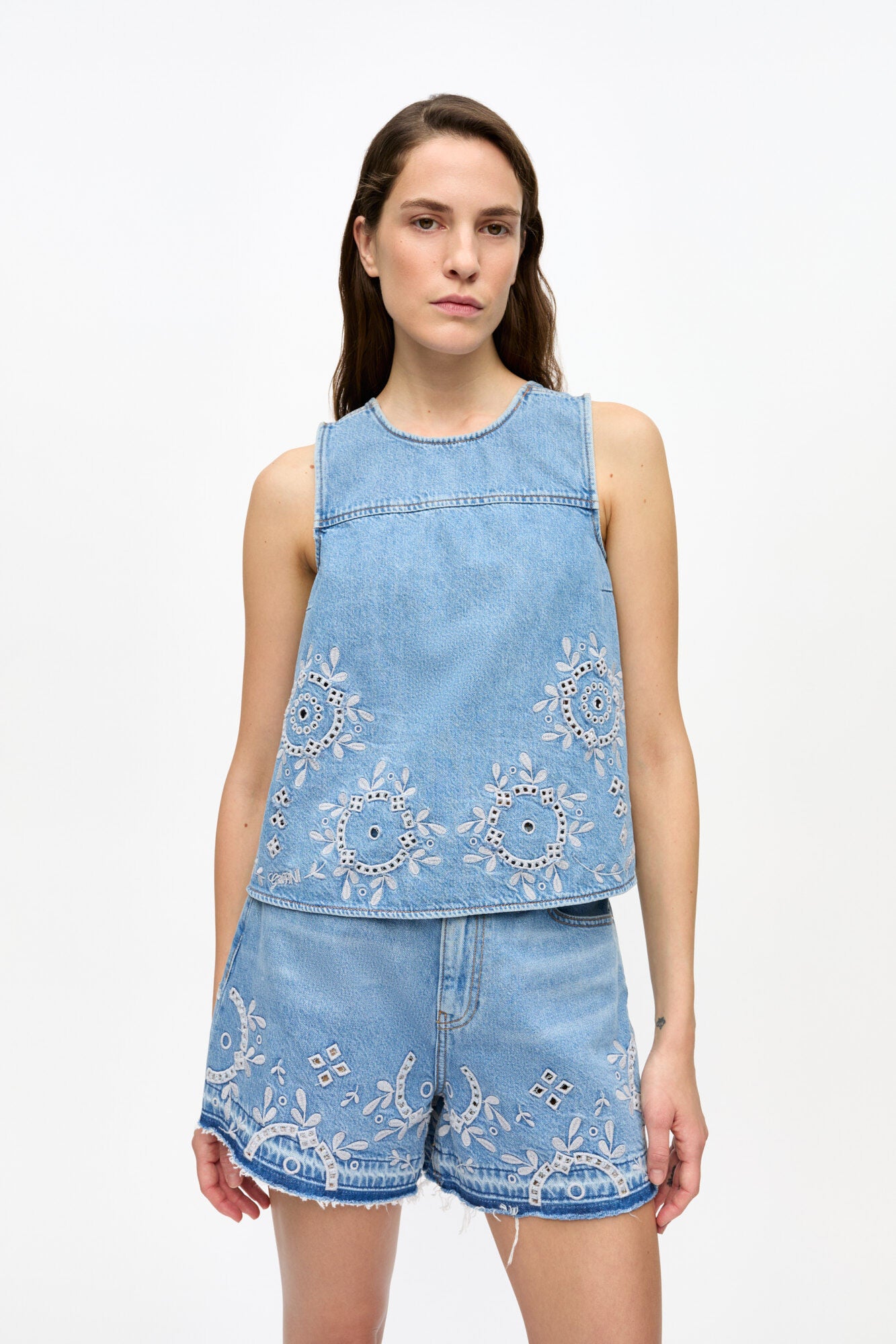 Ganni - Top - Light Blue denim - Broderie anglaise