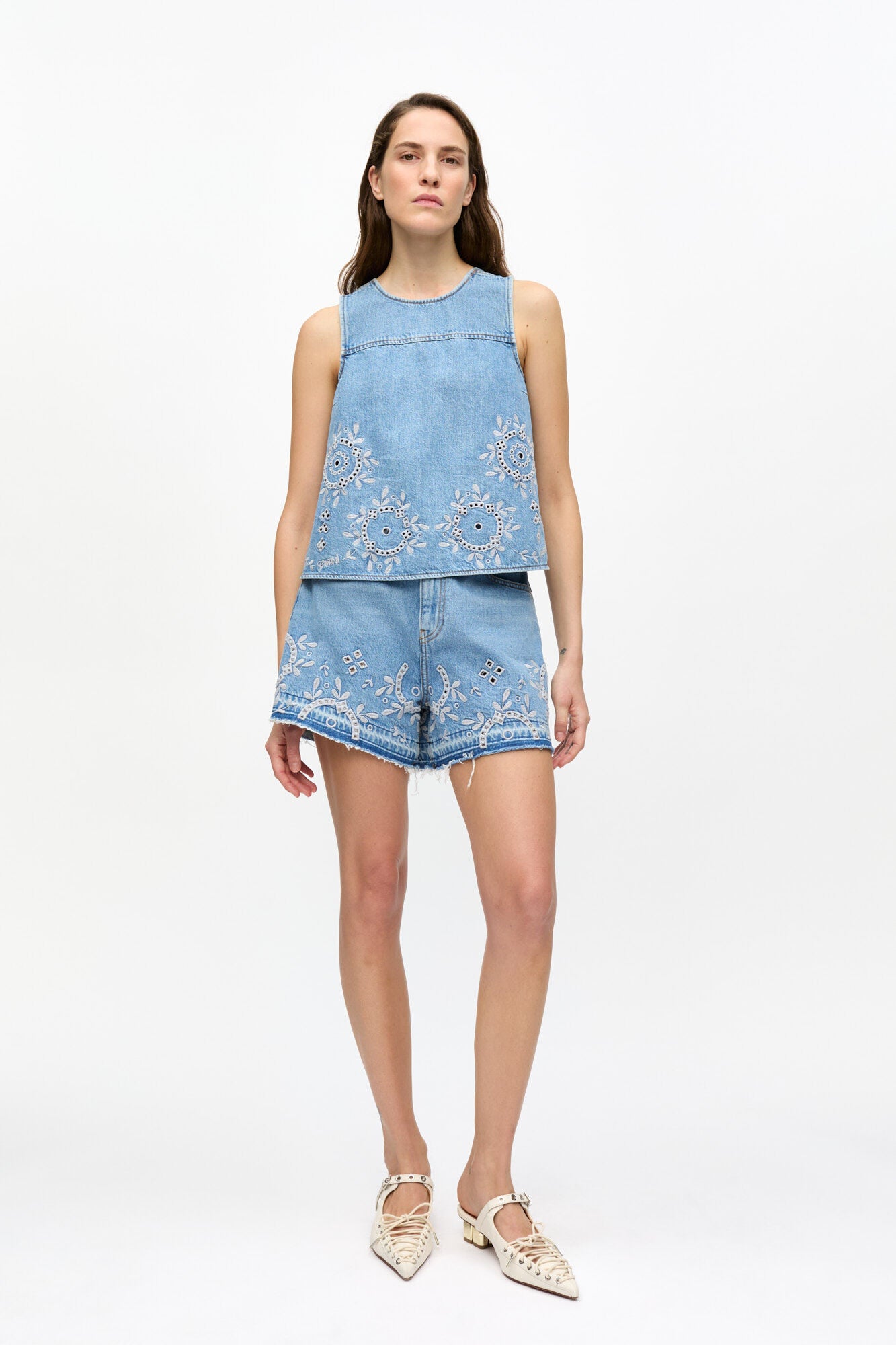 Ganni - Top - Light Blue denim - Broderie anglaise