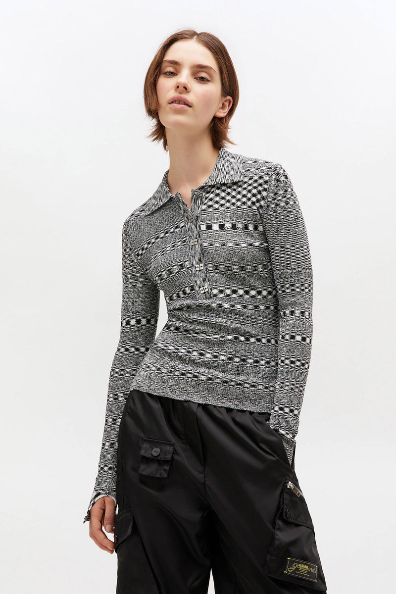 Ganni - Polo bluse - Black/Grey - Spacedyed - K2606