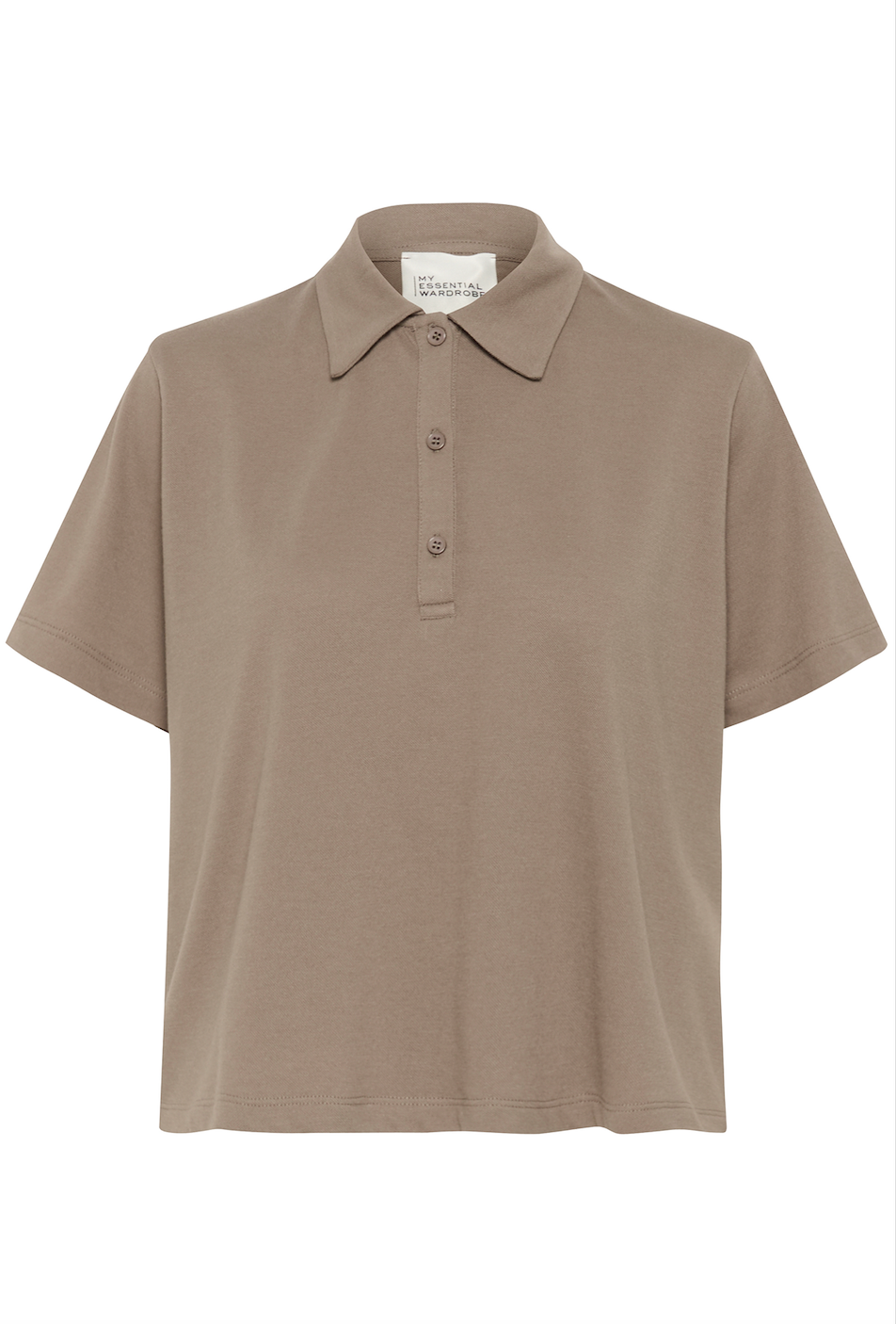 Brun polo t-shirt med klassisk krave og tre knapper foran. Casual og enkel stil.