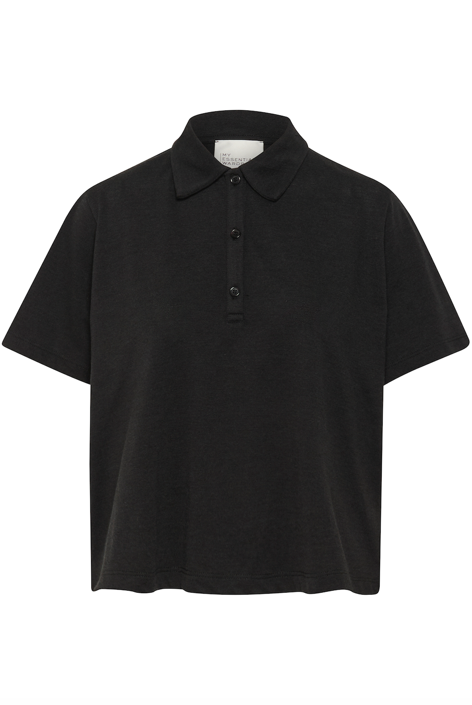 Sort polo t-shirt med klassisk krave og tre knapper på stolpen, kortærmet og enkel stil.