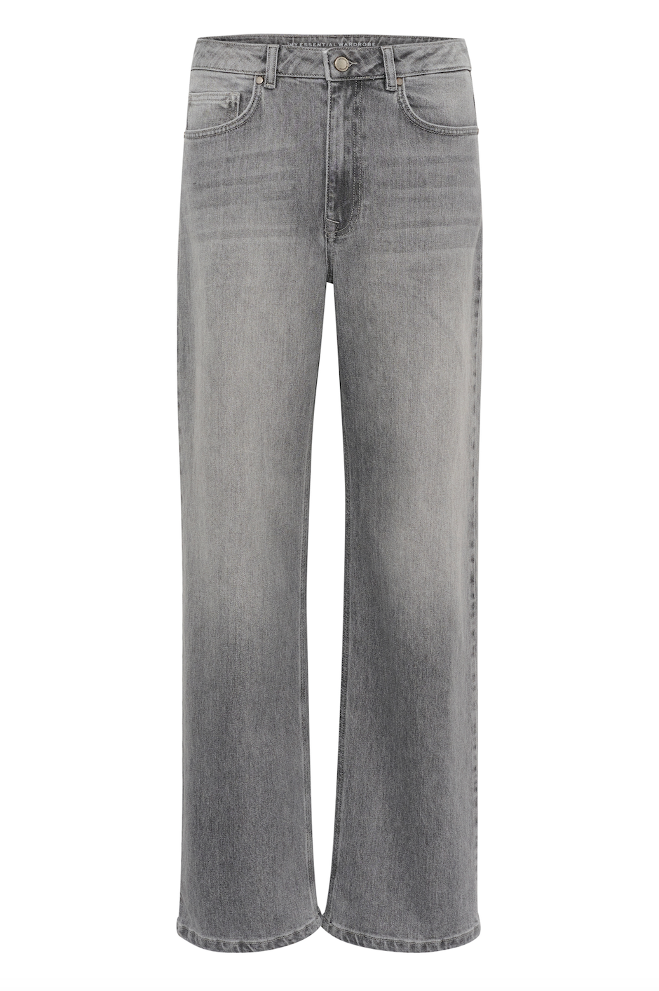 Lysegrå jeans med fem lommer og knaplukning, lige ben og let slidte detaljer.