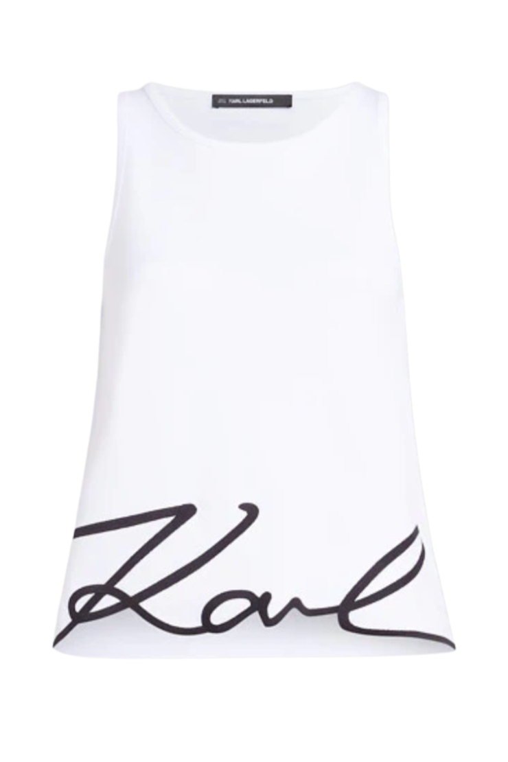 Hvid tanktop med sort "Karl" signatur ved kanten. Brandlabel øverst.