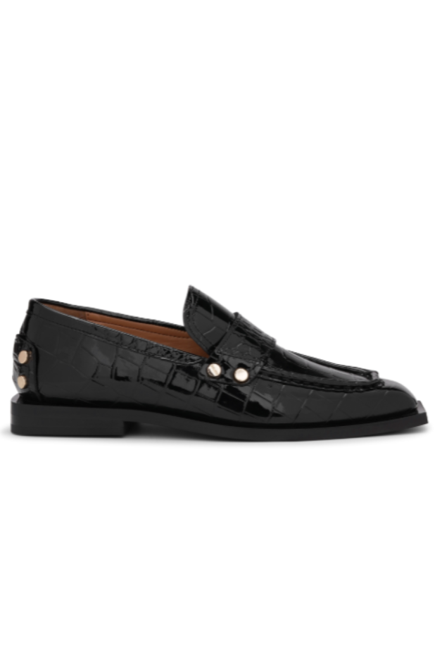 Ganni - Loafer - Shiny croco black - Studs square toe