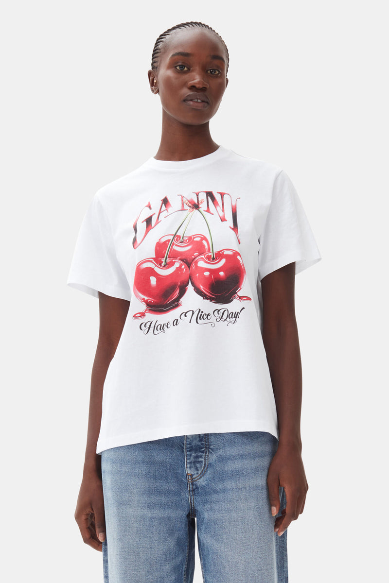 GANNI - T-shirt - White - Cherry Relaxed T4004