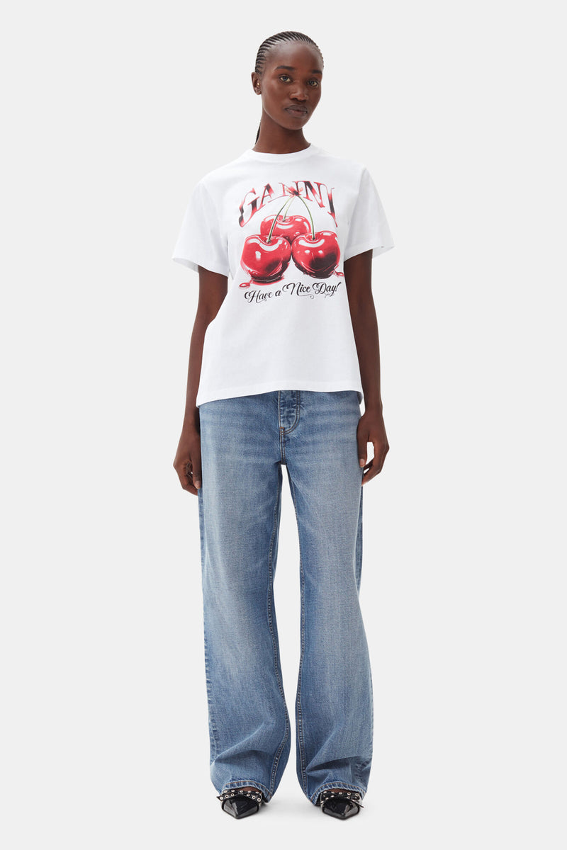 GANNI - T-shirt - White - Cherry Relaxed T4004