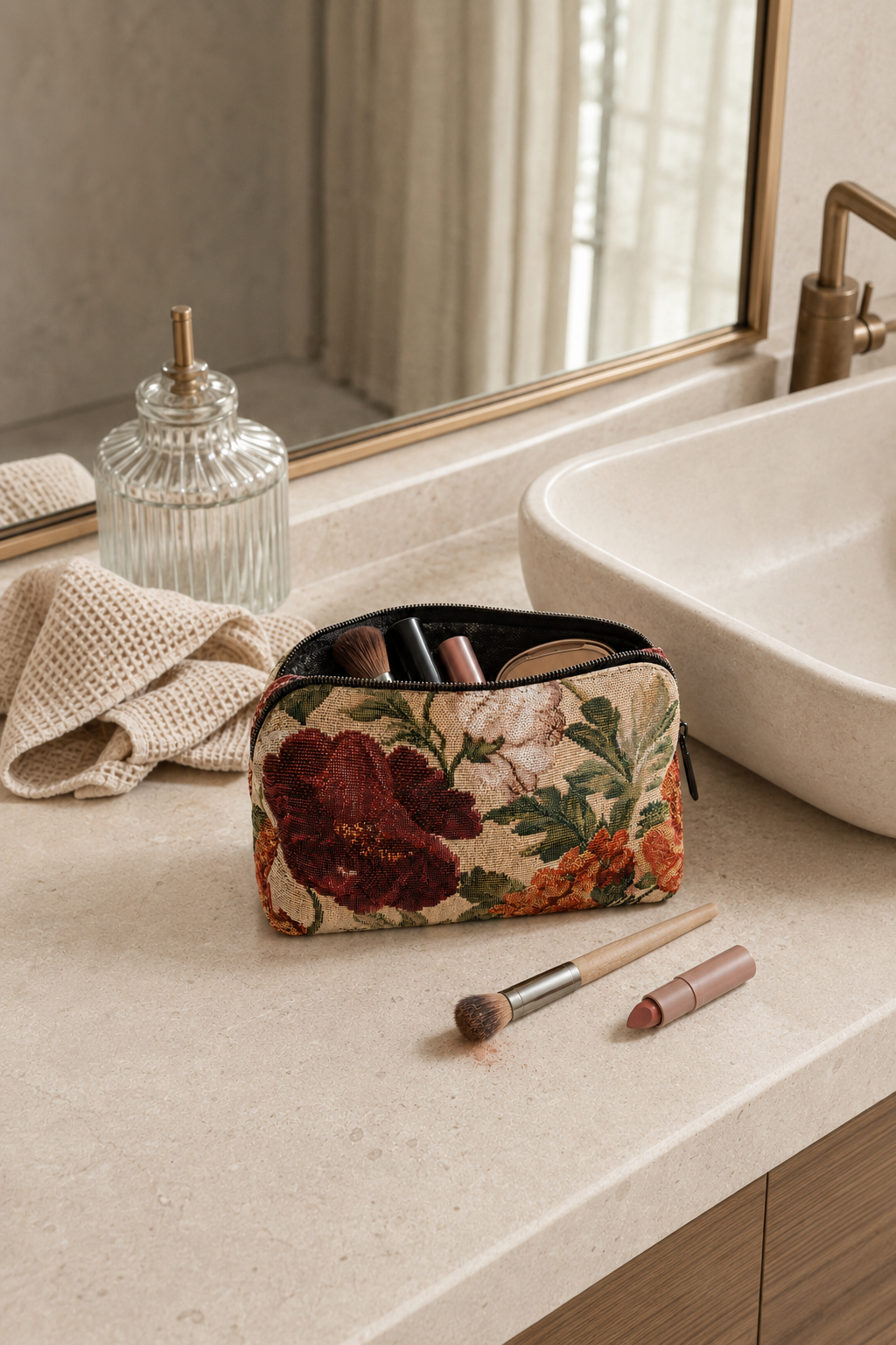 Andcopenhagen Basics pung 'Floral - Elowen' på badeværelse med makeup og spejl i baggrunden.