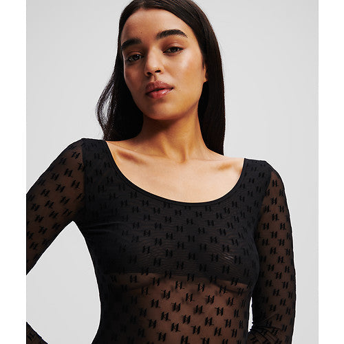 Karl Lagerfeld - Bodystocking - Mesh sort - Monogram mesh - Stilkompagniet.dk