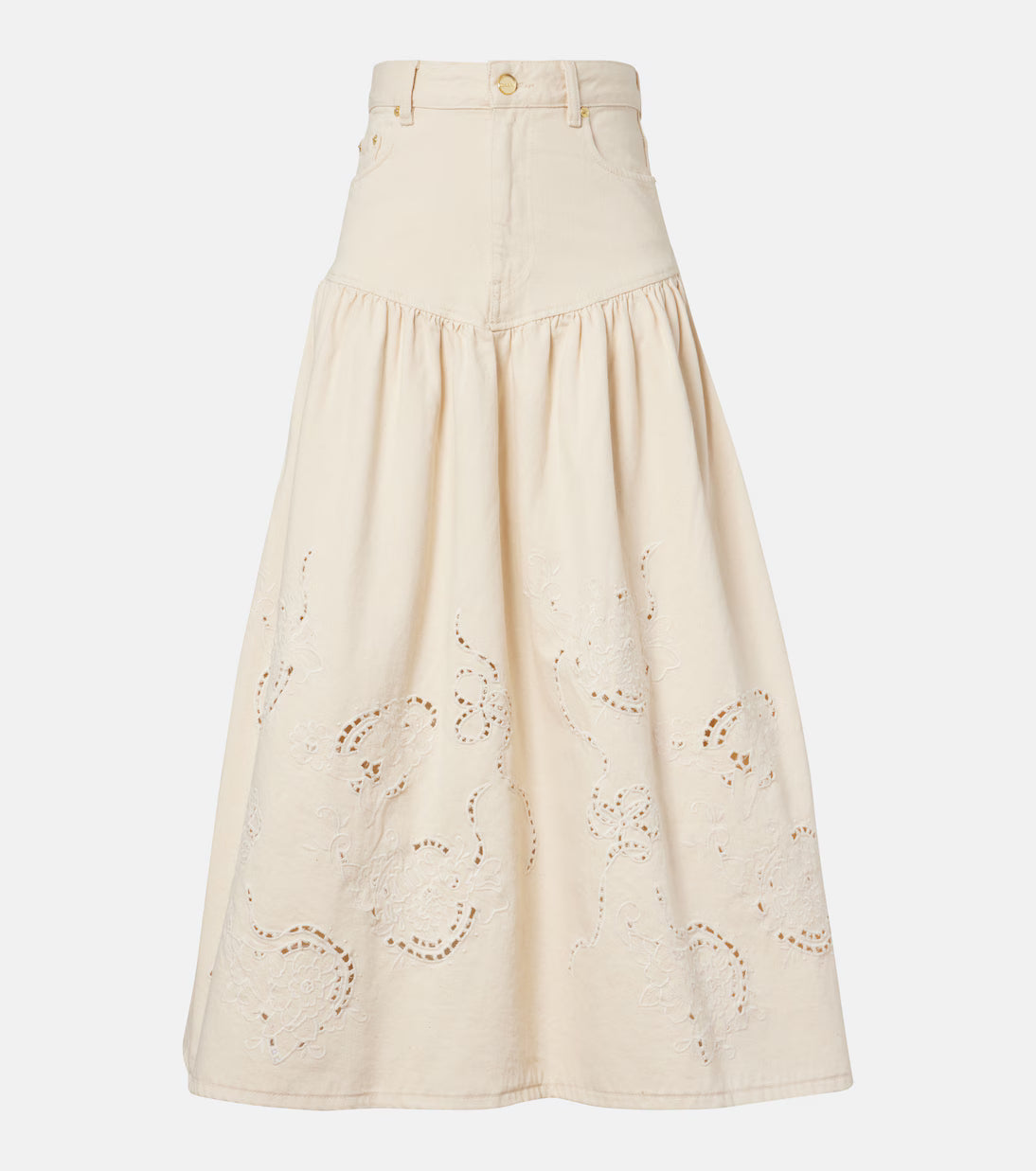 Ganni - Broderie anglaise denim skirt - Lys beige - Broderie