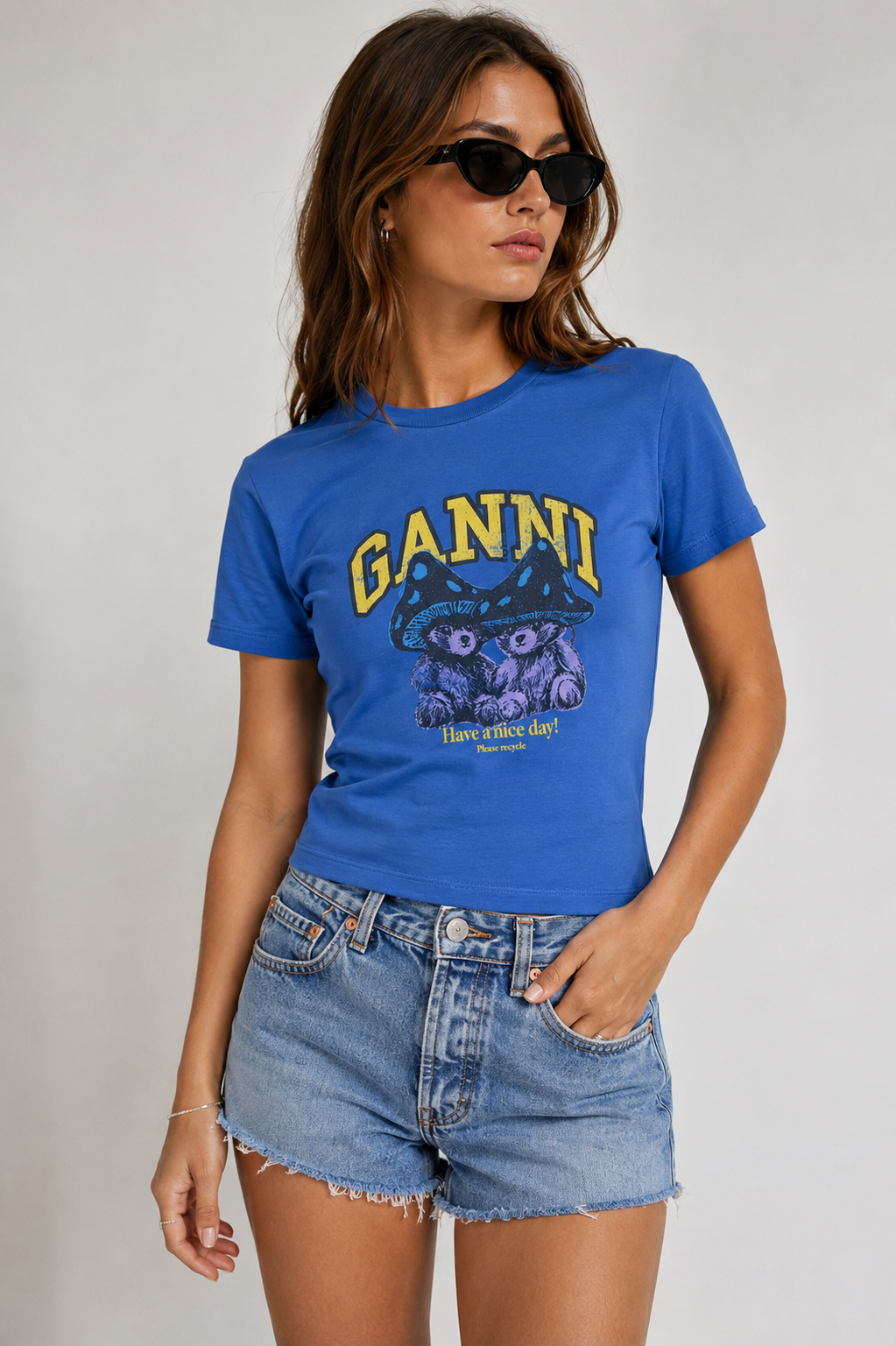 Ganni - T-shirt - Strong Blue - Future Heavy Jersey Baby Fit Teddy Mushroom