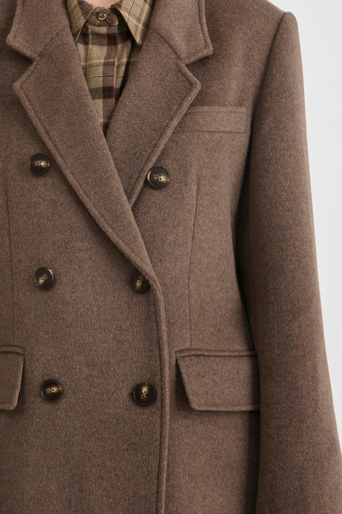 Vila Rouriley long sleeve coat in dark brown mélange wool blend, featuring a double-breasted button closure and front pockets