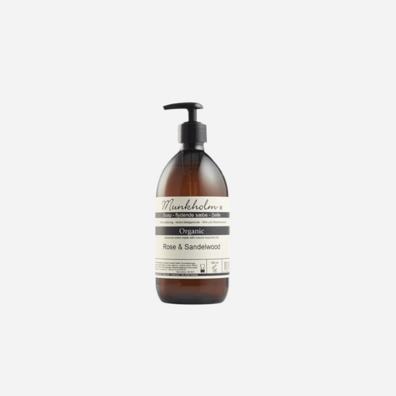 Flaske med pumpe, Munkholm organisk håndsæbe, duft af rose og sandeltræ, 500 ml.