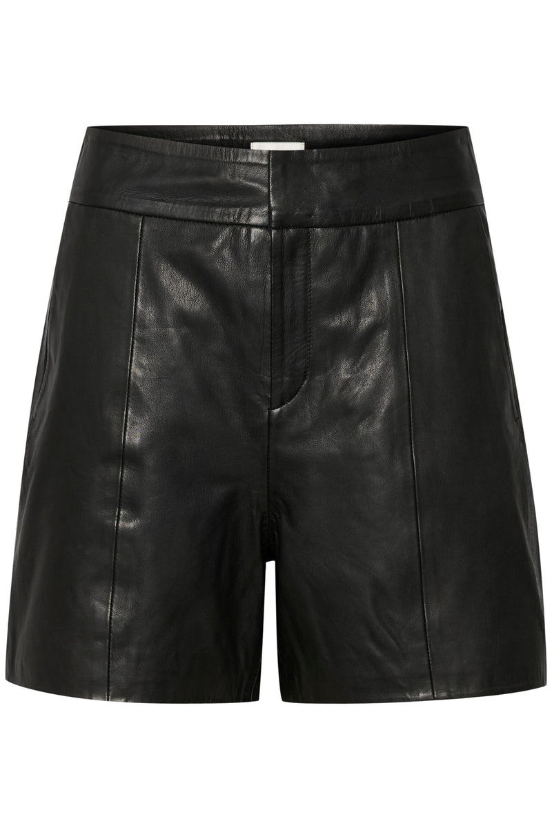 Sorte lædershorts med høj talje, enkel form og synlige syninger fra My Essential Wardrobe.