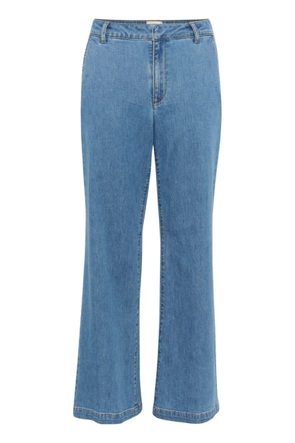 Blå jeans med lige ben, bæltestropper og to baglommer.