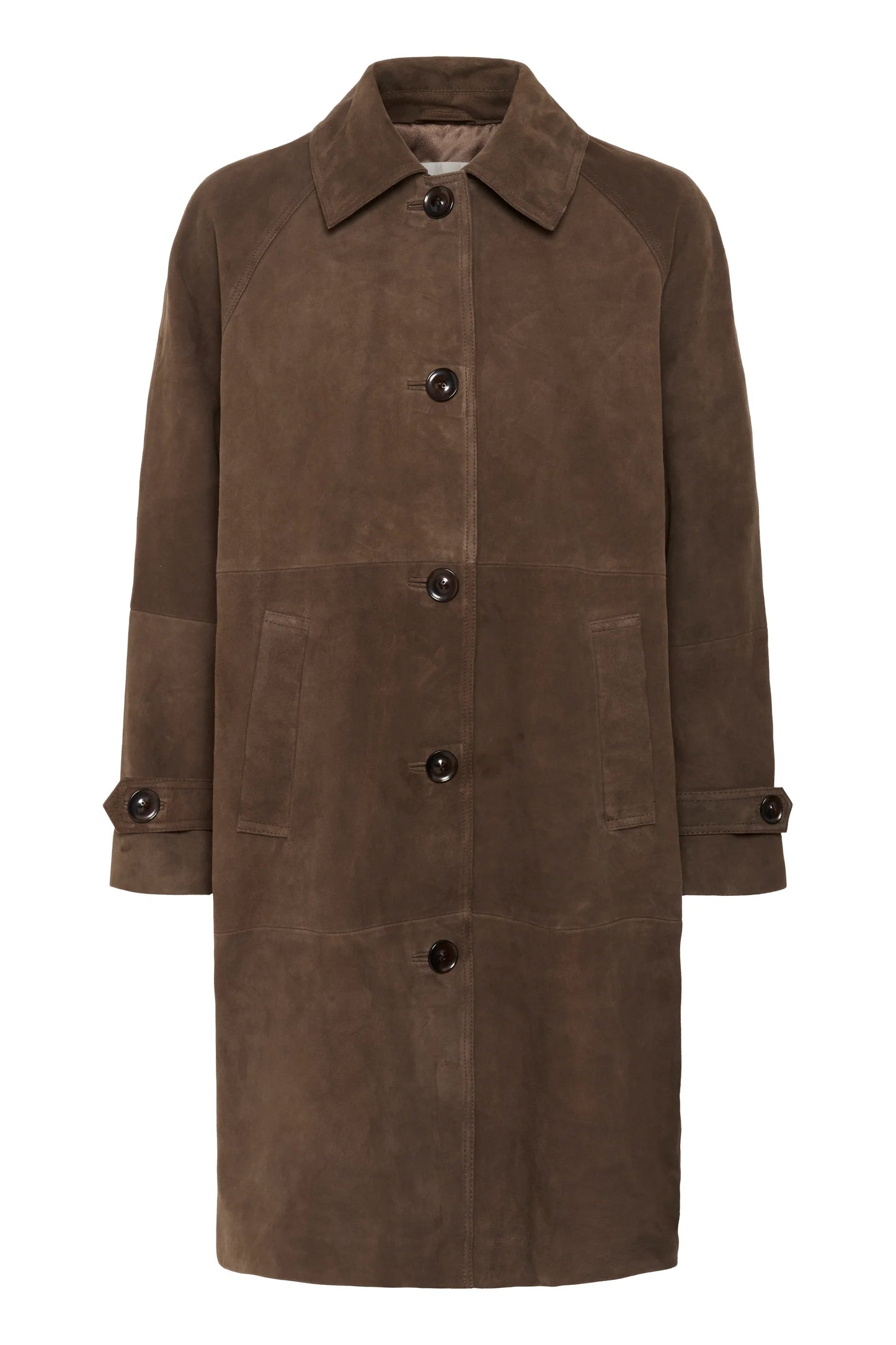 Brun jakke med store knapper og klassisk krave. Jakken ses forfra og viser detaljer tydeligt.