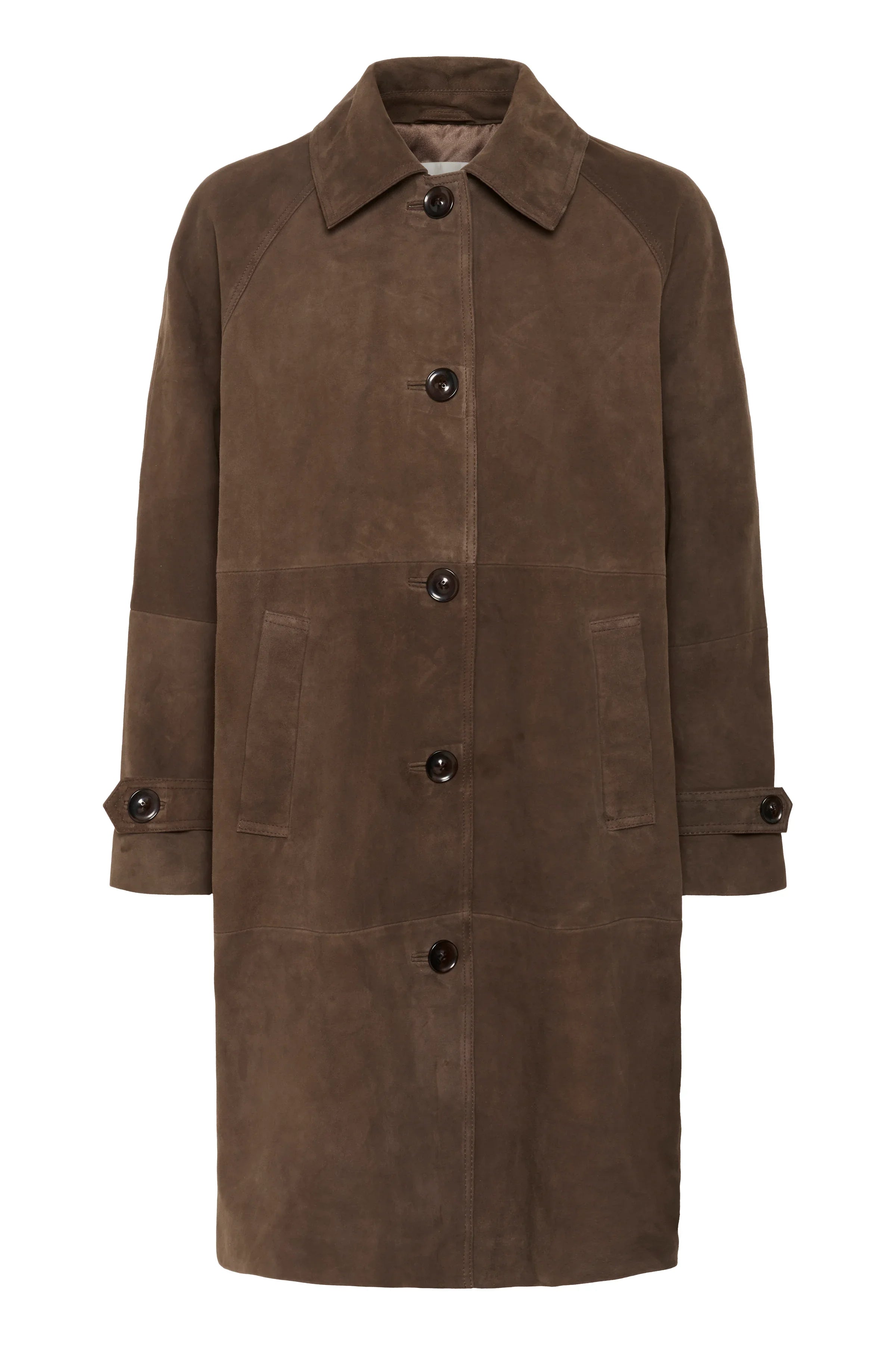 Brun jakke med store knapper og klassisk krave. Jakken ses forfra og viser detaljer tydeligt.