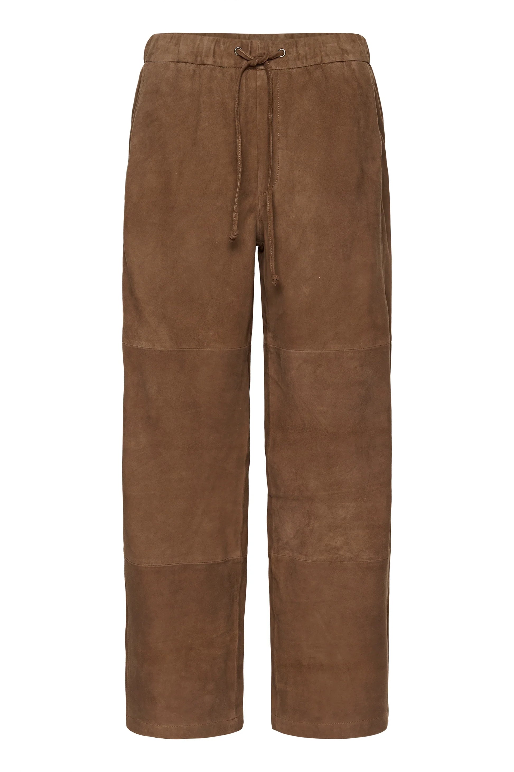 Tobaksbrune bukser med snøre i taljen, brede ben og afslappet pasform.
