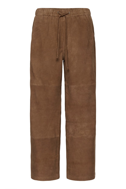 Tobaksbrune bukser med snøre i taljen, brede ben og afslappet pasform.