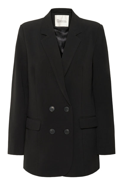 Skræddersyet sort blazer med to rækker knapper og indvendigt mærke fra My Essential Wardrobe.