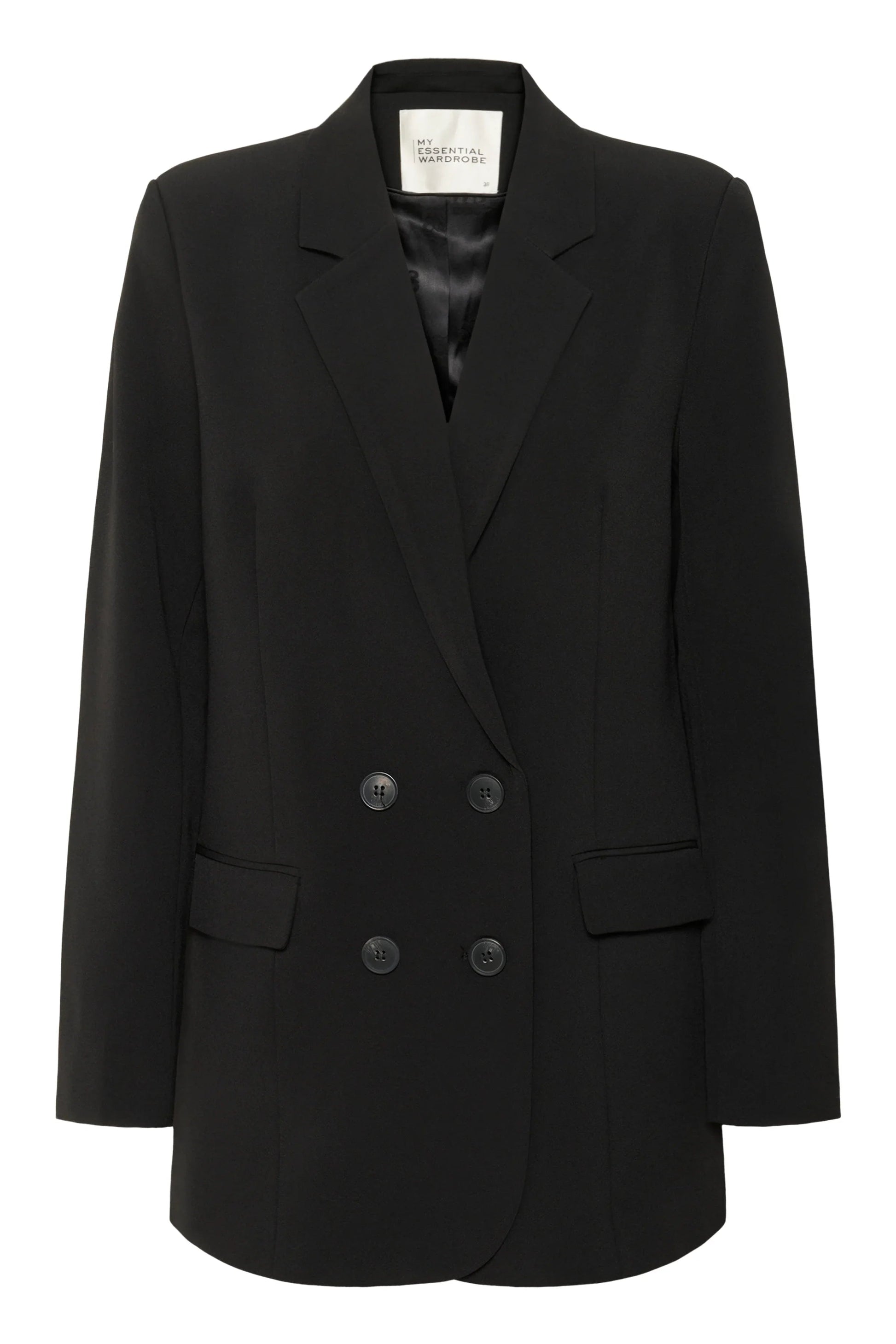 Skræddersyet sort blazer med to rækker knapper og indvendigt mærke fra My Essential Wardrobe.
