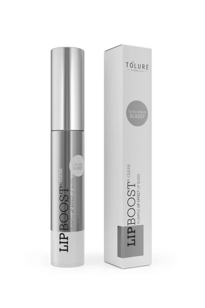 Sølvfarvet lipgloss tube med teksten "LIPBOOST" ved siden af en æske med "ULTRA-MIRROR GLASSY."