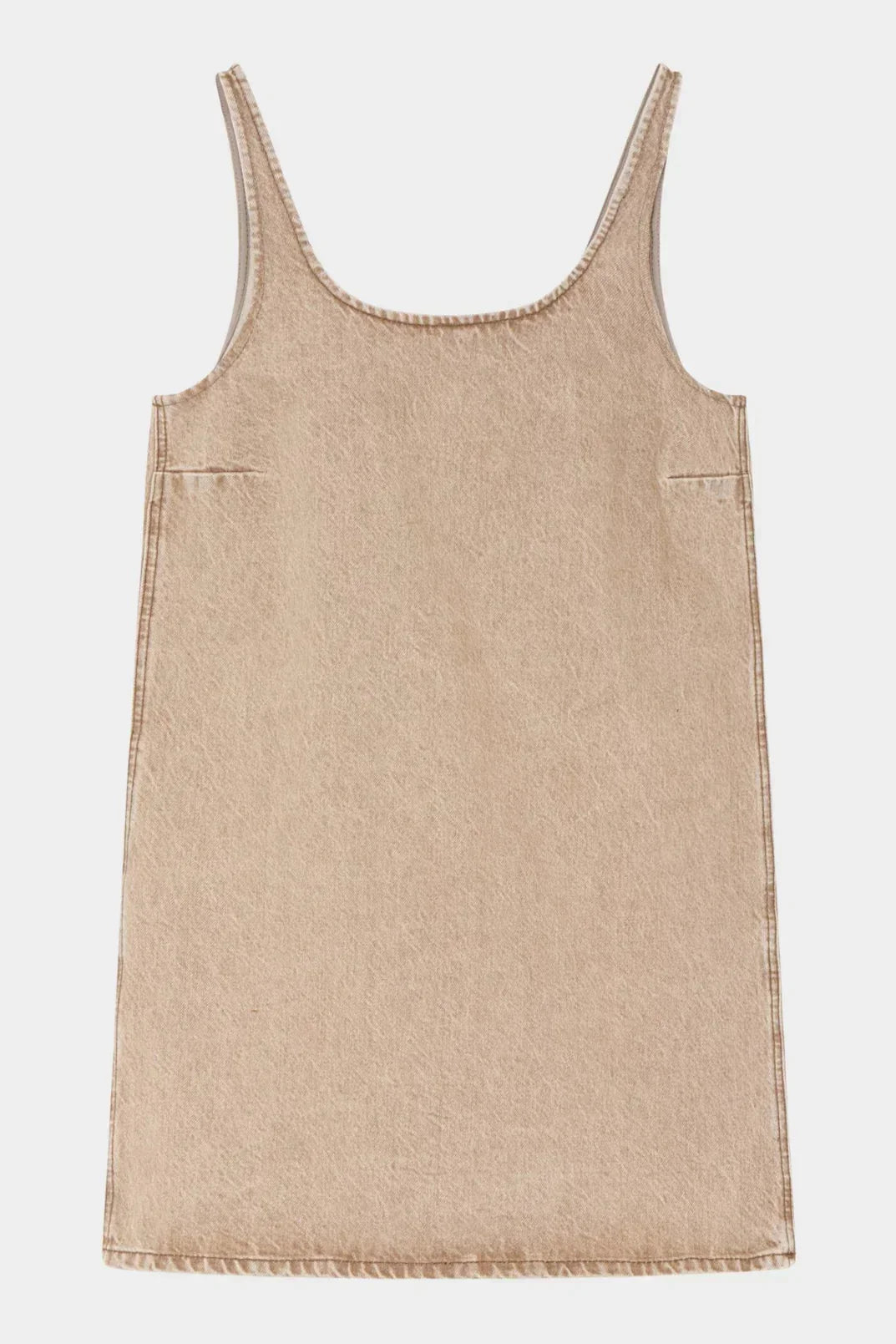 Ærmeløs minikjole i neutral tone med tynde stropper og lige, afslappet pasform.