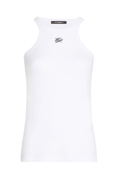 Hvid tanktop fra Karl Lagerfeld med sort logo ved halsudskæringen.