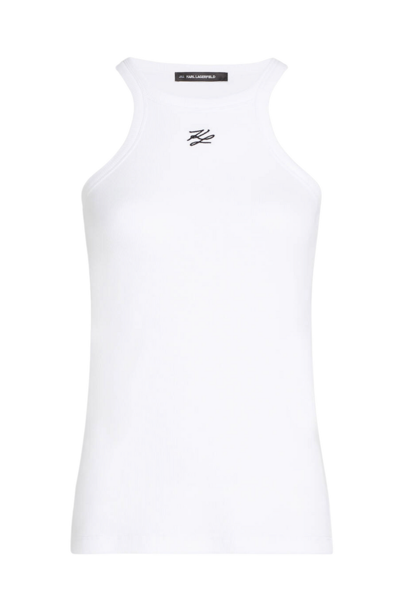 Hvid tanktop fra Karl Lagerfeld med sort logo ved halsudskæringen.