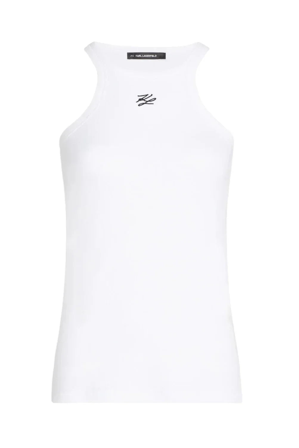 Hvid tanktop fra Karl Lagerfeld med sort logo ved halsudskæringen.