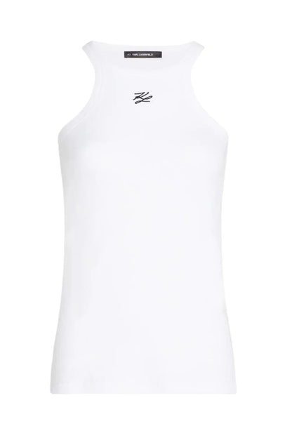 Hvid tanktop fra Karl Lagerfeld med sort logo ved halsudskæringen.