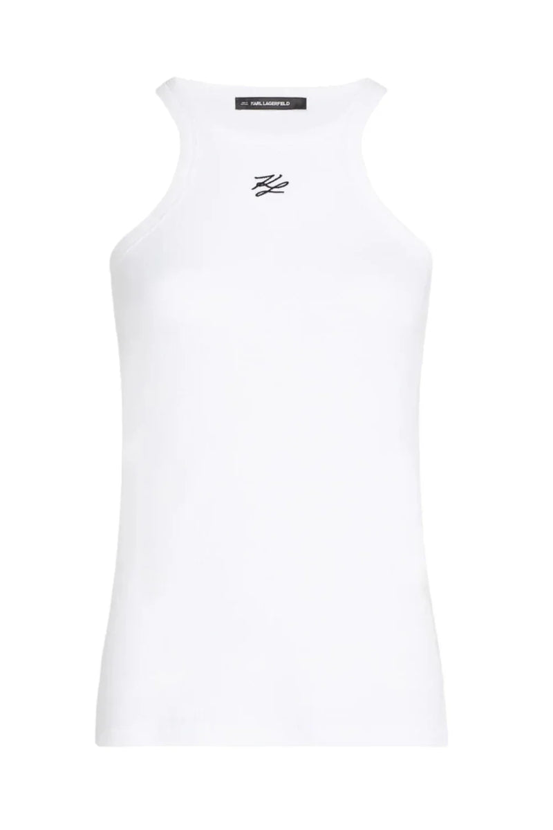 Hvid tanktop fra Karl Lagerfeld med sort logo ved halsudskæringen.