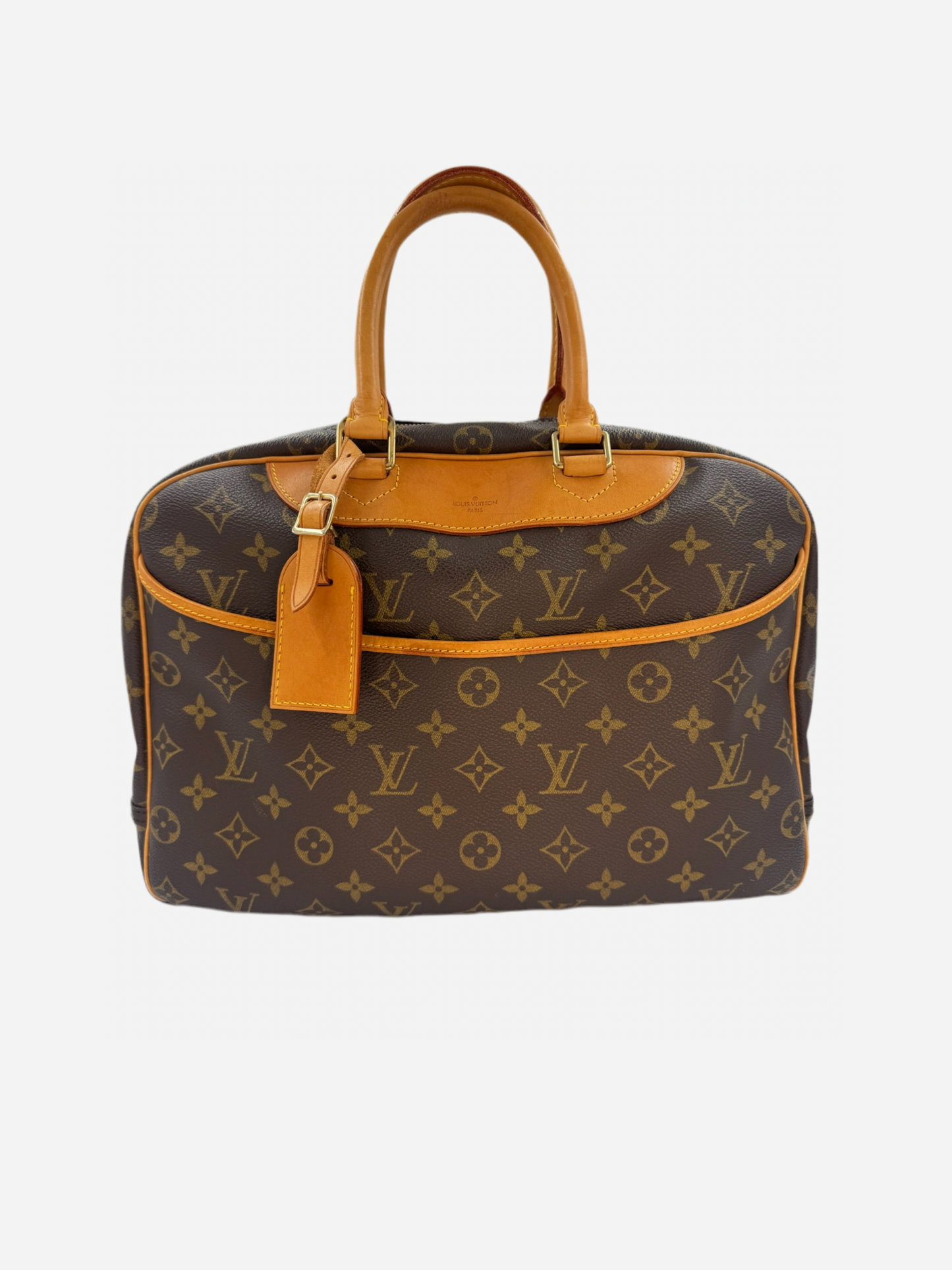 Louis Vuitton taske med monogram, læderhåndtag og bagagemærke.