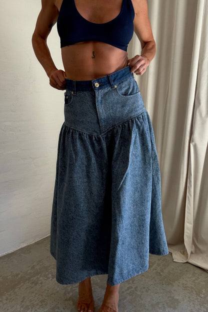 GANNI - Nederdel - Mid blue Vintage - Patchwork Denim Long Skirt
