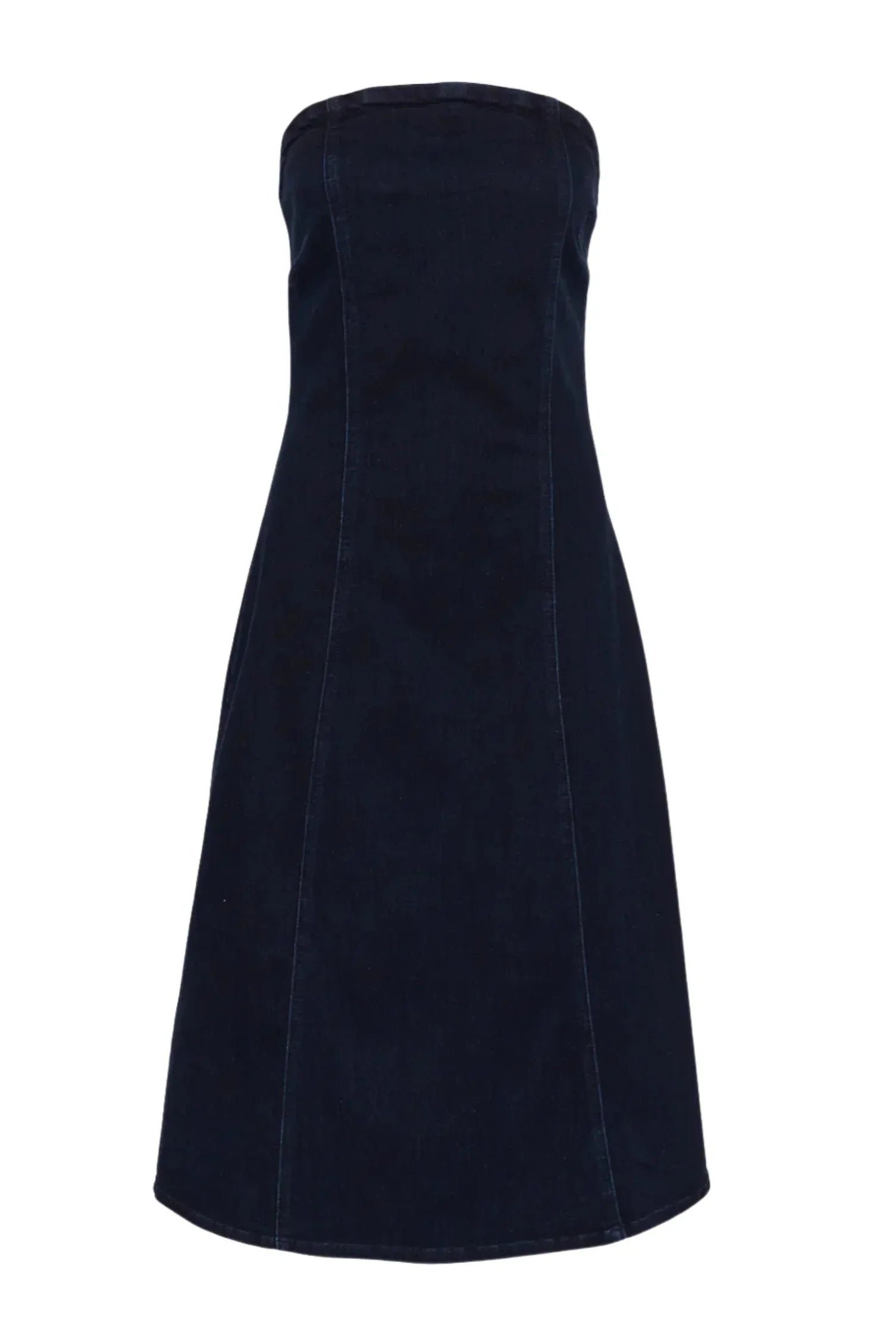 Mørkeblå stropløs kjole med tætsiddende overdel og svajende nederdel.