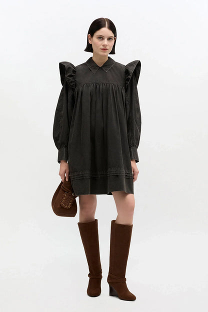 Ganni - Kjole - Jet Black - Flæsekjole