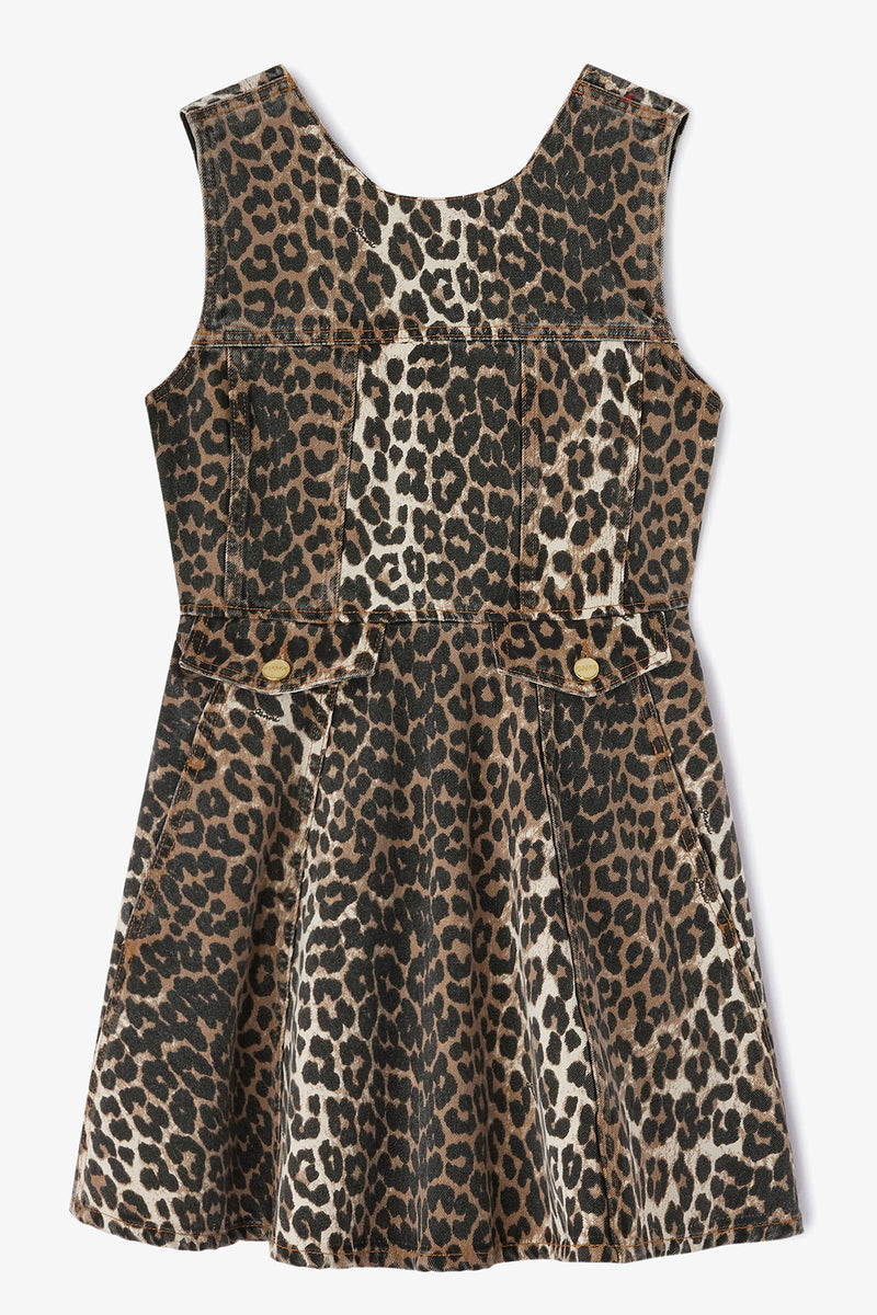 Ganni - Kjole - Almond Milk - Denim Flounce Leopard kjole