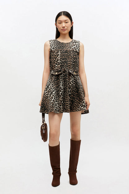 Ganni - Kjole - Almond Milk - Denim Flounce Leopard kjole