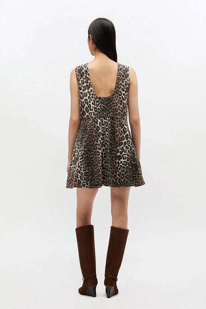 Ganni - Kjole - Almond Milk - Denim Flounce Leopard kjole