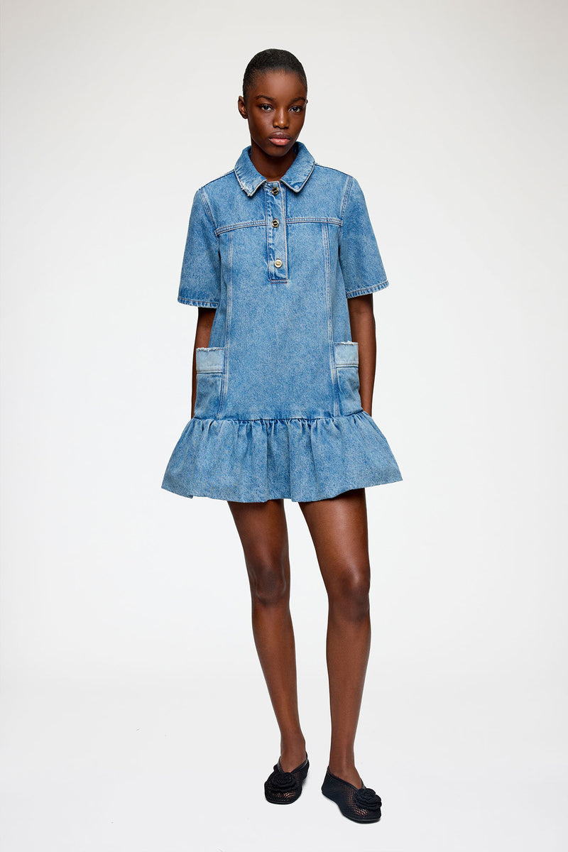 GANNI - Kjole - Mid Blue Vintage - Patchwork Denim Peplum Mini Dress