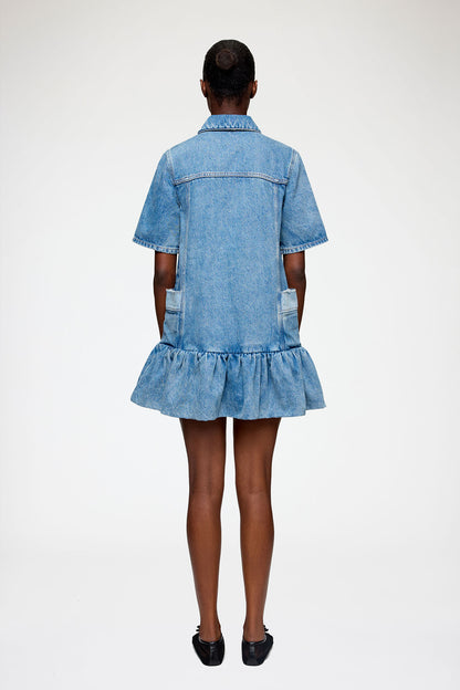 GANNI - Kjole - Mid Blue Vintage - Patchwork Denim Peplum Mini Dress