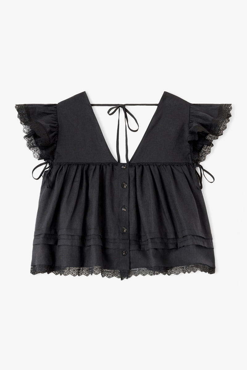 Ganni - Bluse - Sort - Light Linen Angel Sleeve Blouse