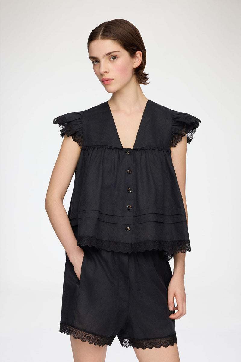 Ganni - Bluse - Sort - Light Linen Angel Sleeve Blouse
