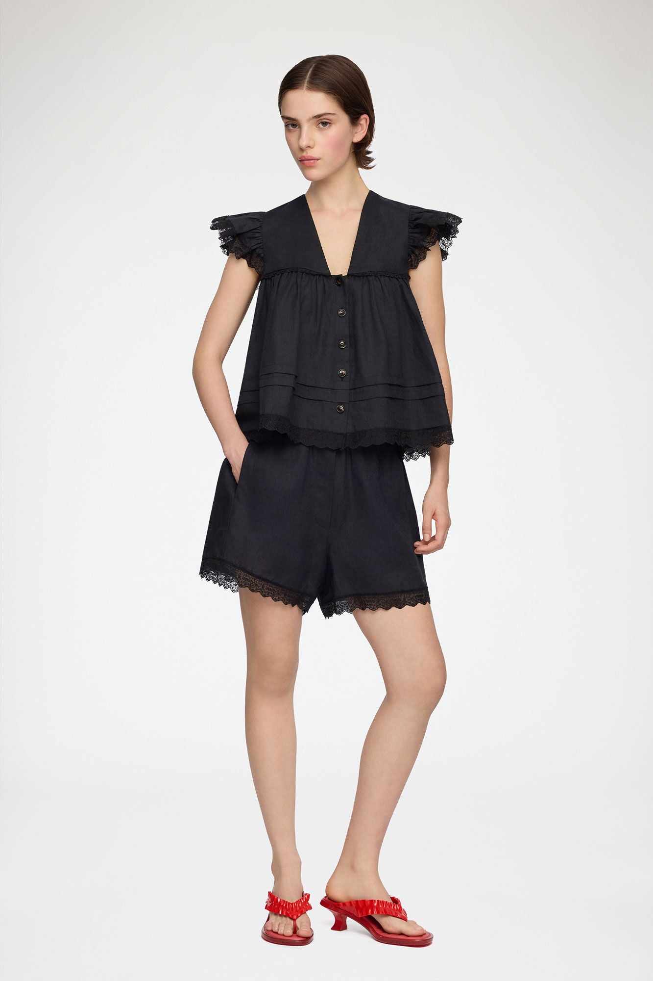 Ganni - Bluse - Sort - Light Linen Angel Sleeve Blouse