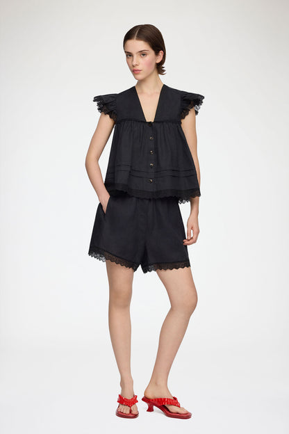Ganni - Bluse - Sort - Light Linen Angel Sleeve Blouse