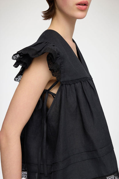 Ganni - Bluse - Sort - Light Linen Angel Sleeve Blouse
